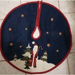 Prima Creations Christmas tree skirt features a navy blue felt base with a Santa
